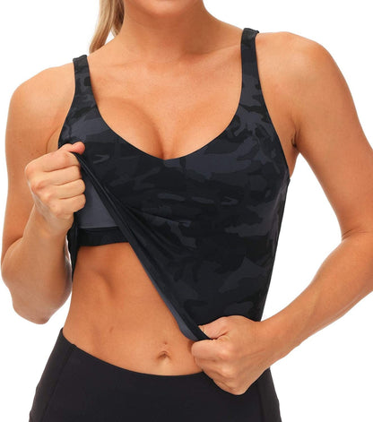 Womens Camo Longline Sports Bra Wirefree Padded Medium Support Yoga Bras Gym Running Workout Tank Tops