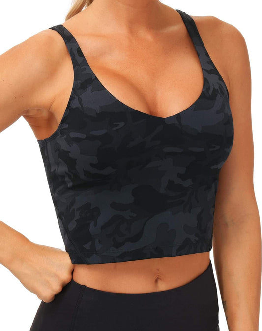 Womens Camo Longline Sports Bra Wirefree Padded Medium Support Yoga Bras Gym Running Workout Tank Tops Black, Grey / Medium