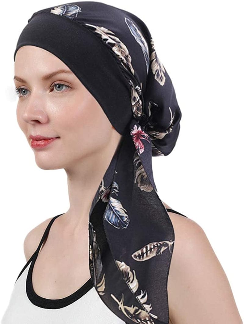 Womens Chemo Caps Flower Prints Silky Turban Multifunction Bonnet Head Scarves Pre-Tied Headwear Satin Hat Bandana Hair Loss Apparel & Accessories > Clothing Accessories > Headwear Xuan Ding Black Feather  