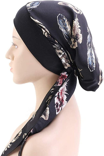 Womens Chemo Caps Flower Prints Silky Turban Multifunction Bonnet Head Scarves Pre-Tied Headwear Satin Hat Bandana Hair Loss Apparel & Accessories > Clothing Accessories > Headwear Xuan Ding   