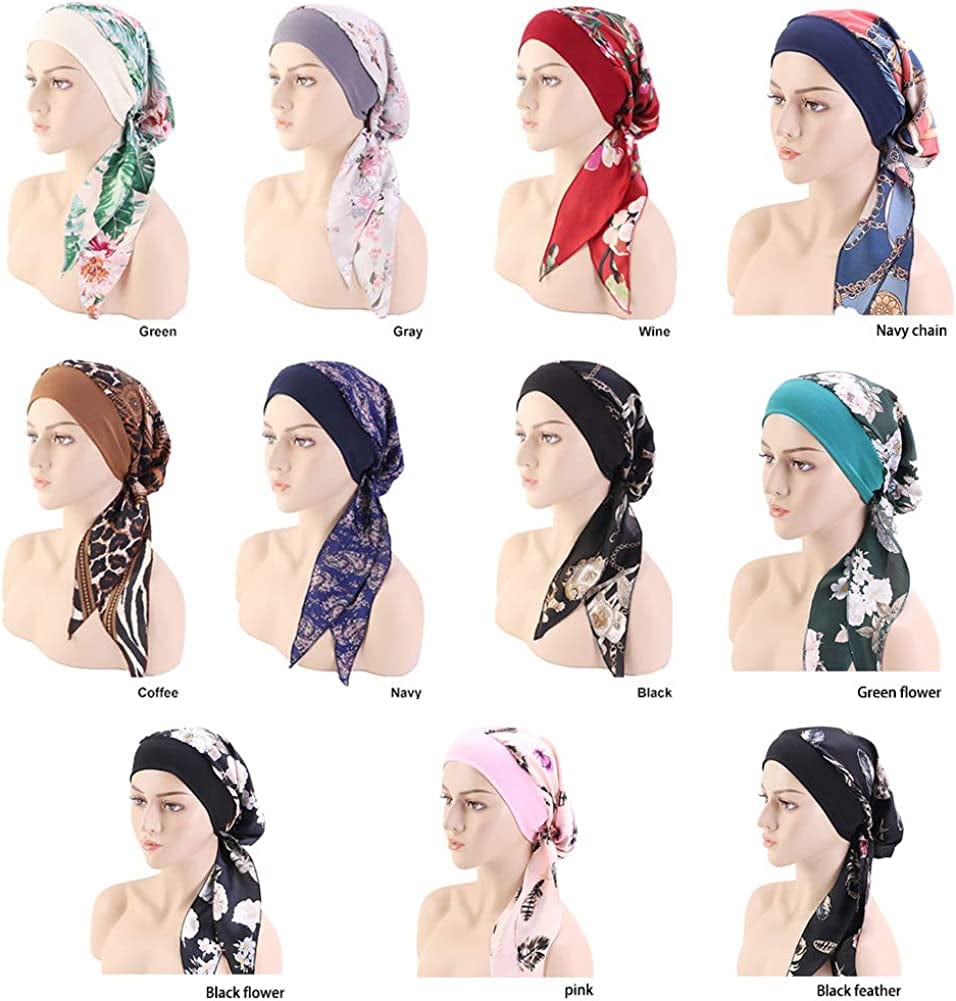 Womens Chemo Caps Flower Prints Silky Turban Multifunction Bonnet Head Scarves Pre-Tied Headwear Satin Hat Bandana Hair Loss Apparel & Accessories > Clothing Accessories > Headwear Xuan Ding   