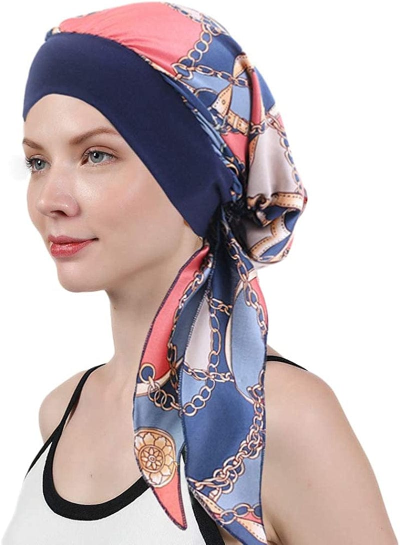 Womens Chemo Caps Flower Prints Silky Turban Multifunction Bonnet Head Scarves Pre-Tied Headwear Satin Hat Bandana Hair Loss Apparel & Accessories > Clothing Accessories > Headwear Xuan Ding Navy Chain  