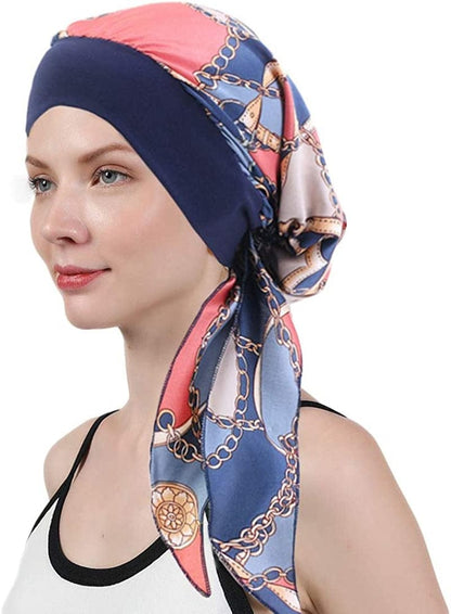 Womens Chemo Caps Flower Prints Silky Turban Multifunction Bonnet Head Scarves Pre-Tied Headwear Satin Hat Bandana Hair Loss Apparel & Accessories > Clothing Accessories > Headwear Xuan Ding Navy Chain  