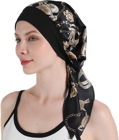 Womens Chemo Caps Flower Prints Silky Turban Multifunction Bonnet Head Scarves Pre-Tied Headwear Satin Hat Bandana Hair Loss Apparel & Accessories > Clothing Accessories > Headwear Xuan Ding Black  