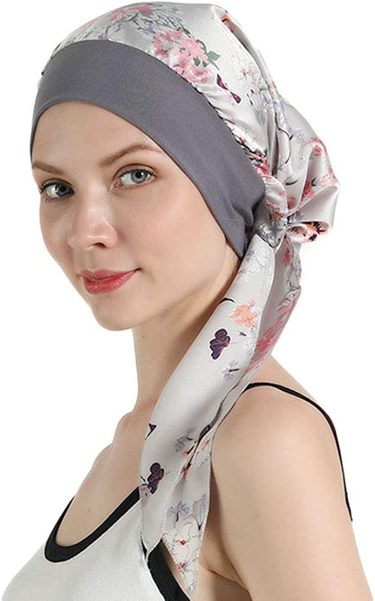 Womens Chemo Caps Flower Prints Silky Turban Multifunction Bonnet Head Scarves Pre-Tied Headwear Satin Hat Bandana Hair Loss Apparel & Accessories > Clothing Accessories > Headwear Xuan Ding Grey  