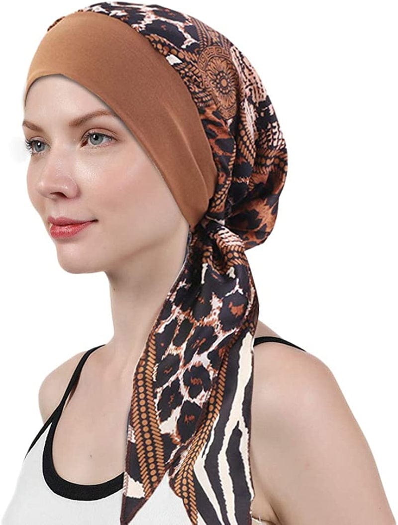 Womens Chemo Caps Flower Prints Silky Turban Multifunction Bonnet Head Scarves Pre-Tied Headwear Satin Hat Bandana Hair Loss Apparel & Accessories > Clothing Accessories > Headwear Xuan Ding Coffee  