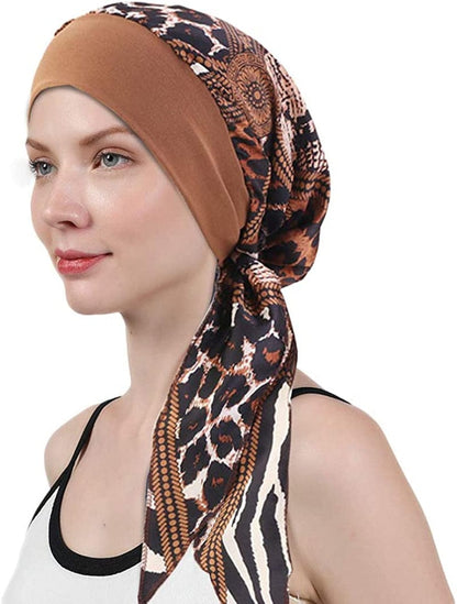 Womens Chemo Caps Flower Prints Silky Turban Multifunction Bonnet Head Scarves Pre-Tied Headwear Satin Hat Bandana Hair Loss Apparel & Accessories > Clothing Accessories > Headwear Xuan Ding Coffee  