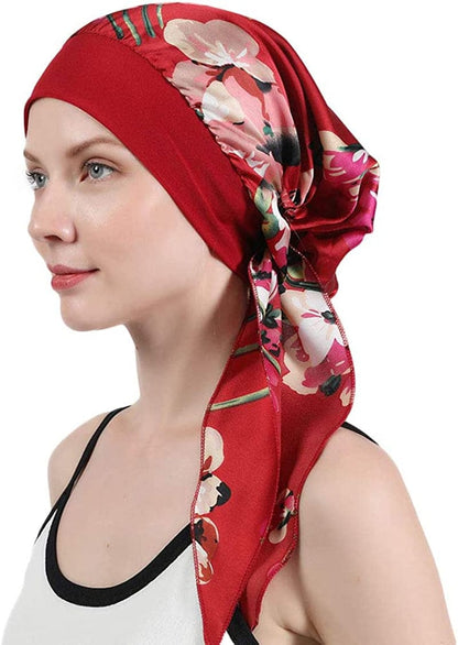 Womens Chemo Caps Flower Prints Silky Turban Multifunction Bonnet Head Scarves Pre-Tied Headwear Satin Hat Bandana Hair Loss Apparel & Accessories > Clothing Accessories > Headwear Xuan Ding Wine  