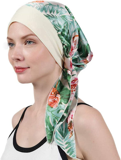 Womens Chemo Caps Flower Prints Silky Turban Multifunction Bonnet Head Scarves Pre-Tied Headwear Satin Hat Bandana Hair Loss Apparel & Accessories > Clothing Accessories > Headwear Xuan Ding Green  