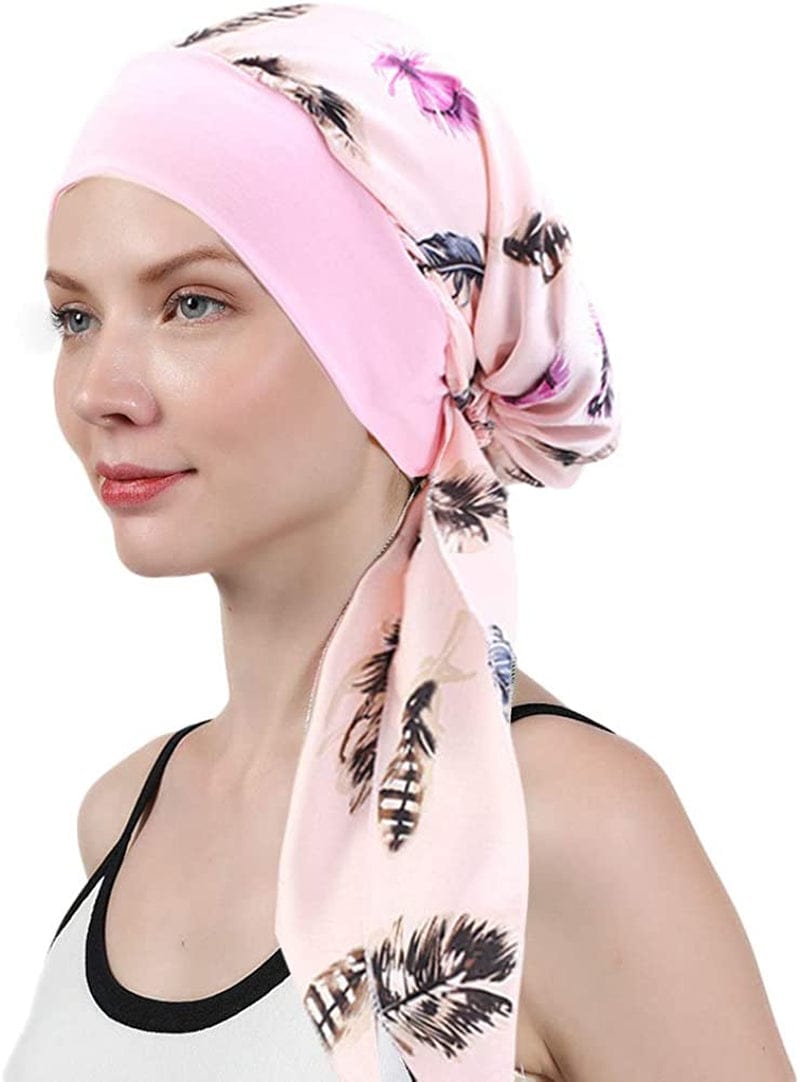 Womens Chemo Caps Flower Prints Silky Turban Multifunction Bonnet Head Scarves Pre-Tied Headwear Satin Hat Bandana Hair Loss Apparel & Accessories > Clothing Accessories > Headwear Xuan Ding Pink  