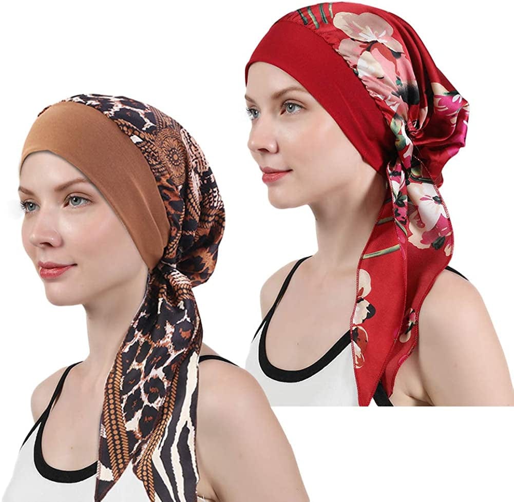 Womens Chemo Caps Flower Prints Silky Turban Multifunction Bonnet Head Scarves Pre-Tied Headwear Satin Hat Bandana Hair Loss Apparel & Accessories > Clothing Accessories > Headwear Xuan Ding Wine+coffee  