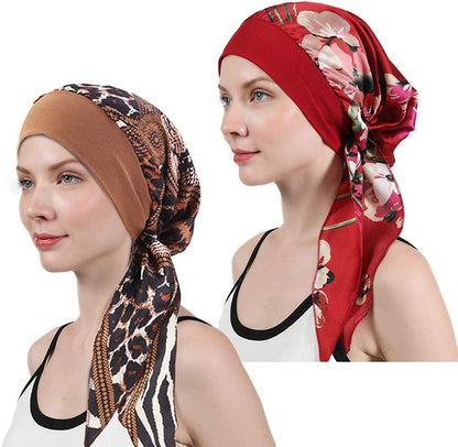 Womens Chemo Caps Flower Prints Silky Turban Multifunction Bonnet Head Scarves Pre-Tied Headwear Satin Hat Bandana Hair Loss Apparel & Accessories > Clothing Accessories > Headwear Xuan Ding Wine+coffee  