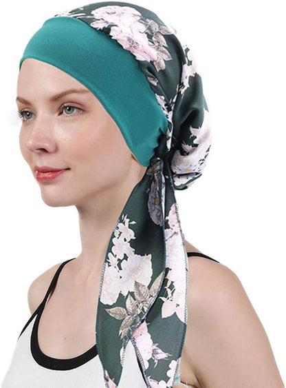 Womens Chemo Caps Flower Prints Silky Turban Multifunction Bonnet Head Scarves Pre-Tied Headwear Satin Hat Bandana Hair Loss Apparel & Accessories > Clothing Accessories > Headwear Xuan Ding Green Flower  
