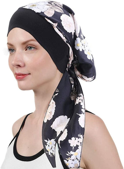 Womens Chemo Caps Flower Prints Silky Turban Multifunction Bonnet Head Scarves Pre-Tied Headwear Satin Hat Bandana Hair Loss Apparel & Accessories > Clothing Accessories > Headwear Xuan Ding Black Flower  