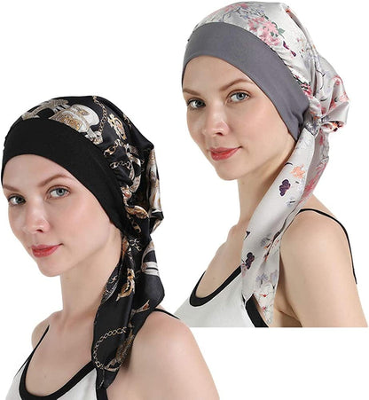 Womens Chemo Caps Flower Prints Silky Turban Multifunction Bonnet Head Scarves Pre-Tied Headwear Satin Hat Bandana Hair Loss Apparel & Accessories > Clothing Accessories > Headwear Xuan Ding Grey+black  