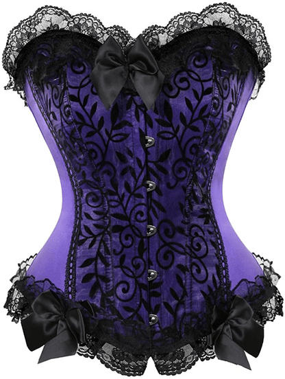 Womens Corsets Floral with Black Lace Trim Corset Satin Overbust Waist Cincher Bustier Apparel & Accessories > Clothing > Underwear & Socks > Lingerie Zhitunemi Purple Medium 