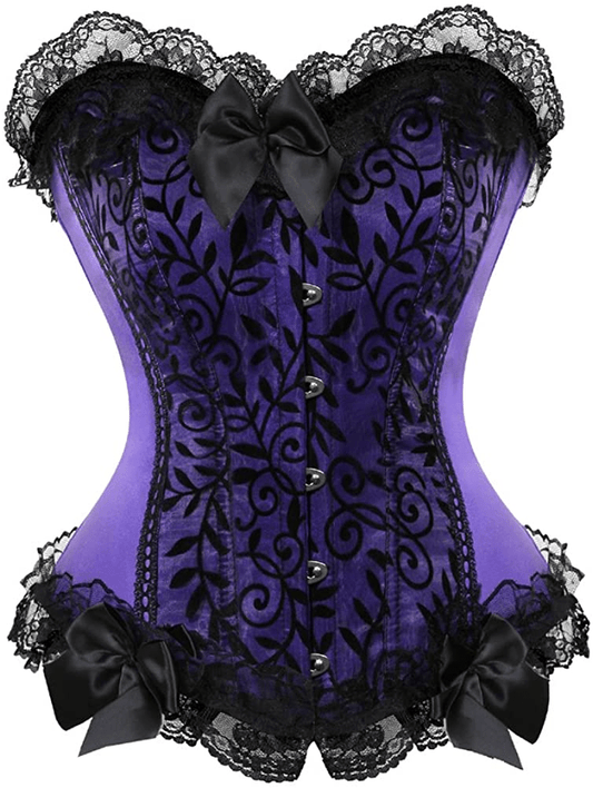 Womens Corsets Floral with Black Lace Trim Corset Satin Overbust Waist Cincher Bustier Apparel & Accessories > Clothing > Underwear & Socks > Lingerie Zhitunemi Purple Medium 