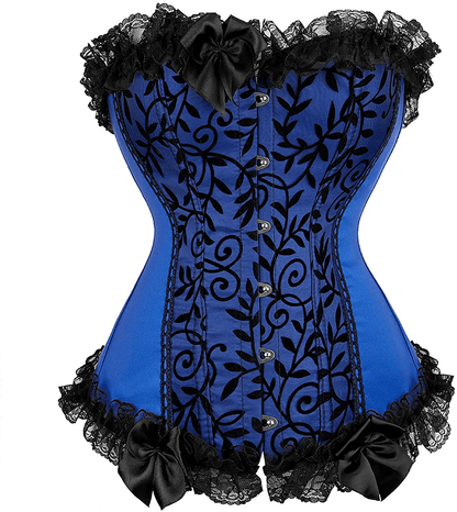 Womens Corsets Floral with Black Lace Trim Corset Satin Overbust Waist Cincher Bustier Apparel & Accessories > Clothing > Underwear & Socks > Lingerie Zhitunemi Black Blue Large 