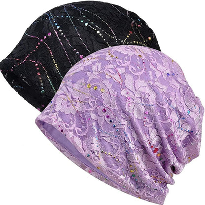 Womens Cotton Beanie Lace Turban Soft Sleep Cap Chemo Hats Fashion Slouchy Hat Apparel & Accessories > Clothing Accessories > Headwear MaxNova 2 Pack Black+purple  