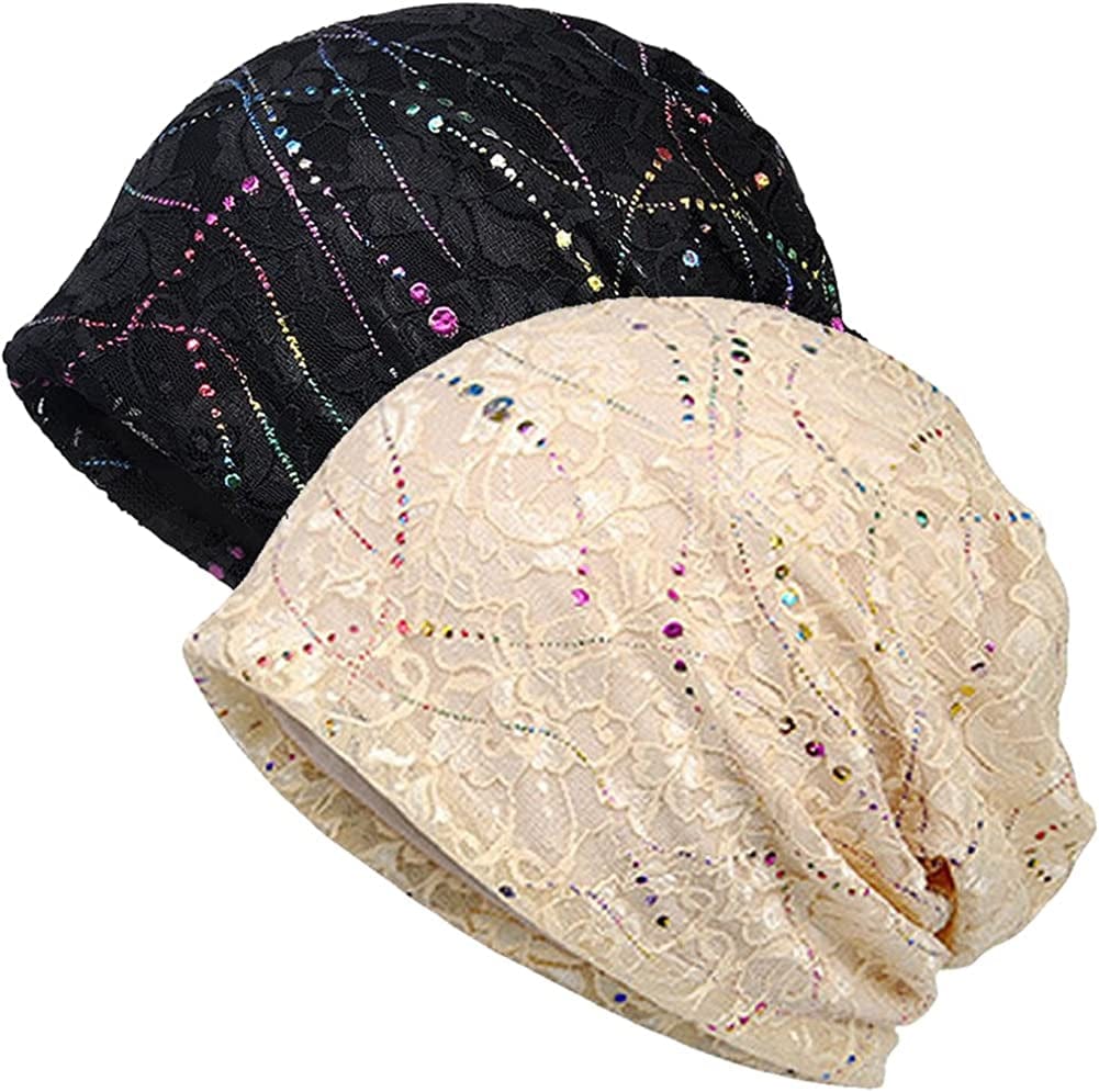 Womens Cotton Beanie Lace Turban Soft Sleep Cap Chemo Hats Fashion Slouchy Hat Apparel & Accessories > Clothing Accessories > Headwear MaxNova 2pack Black+beige Lace  
