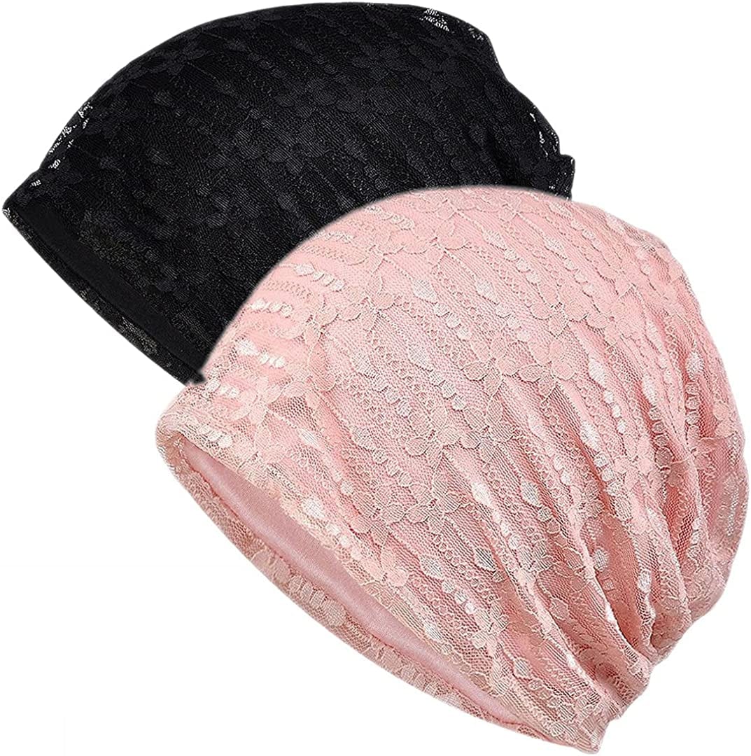 Womens Cotton Beanie Lace Turban Soft Sleep Cap Chemo Hats Fashion Slouchy Hat Apparel & Accessories > Clothing Accessories > Headwear MaxNova 2 Pack Pink+black New  