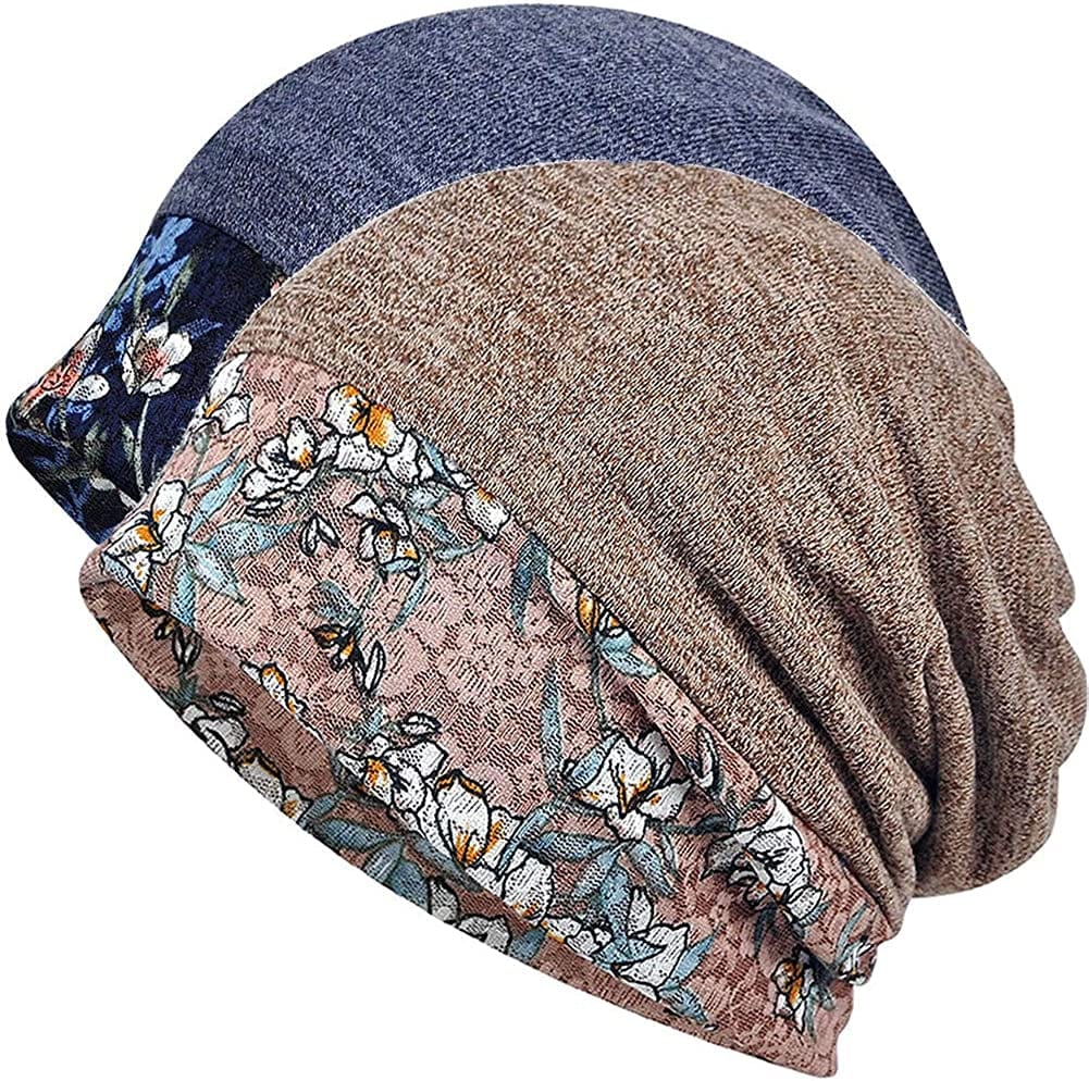 Womens Cotton Beanie Lace Turban Soft Sleep Cap Chemo Hats Fashion Slouchy Hat Apparel & Accessories > Clothing Accessories > Headwear MaxNova 2pack-2with Warm Fleece Lining  