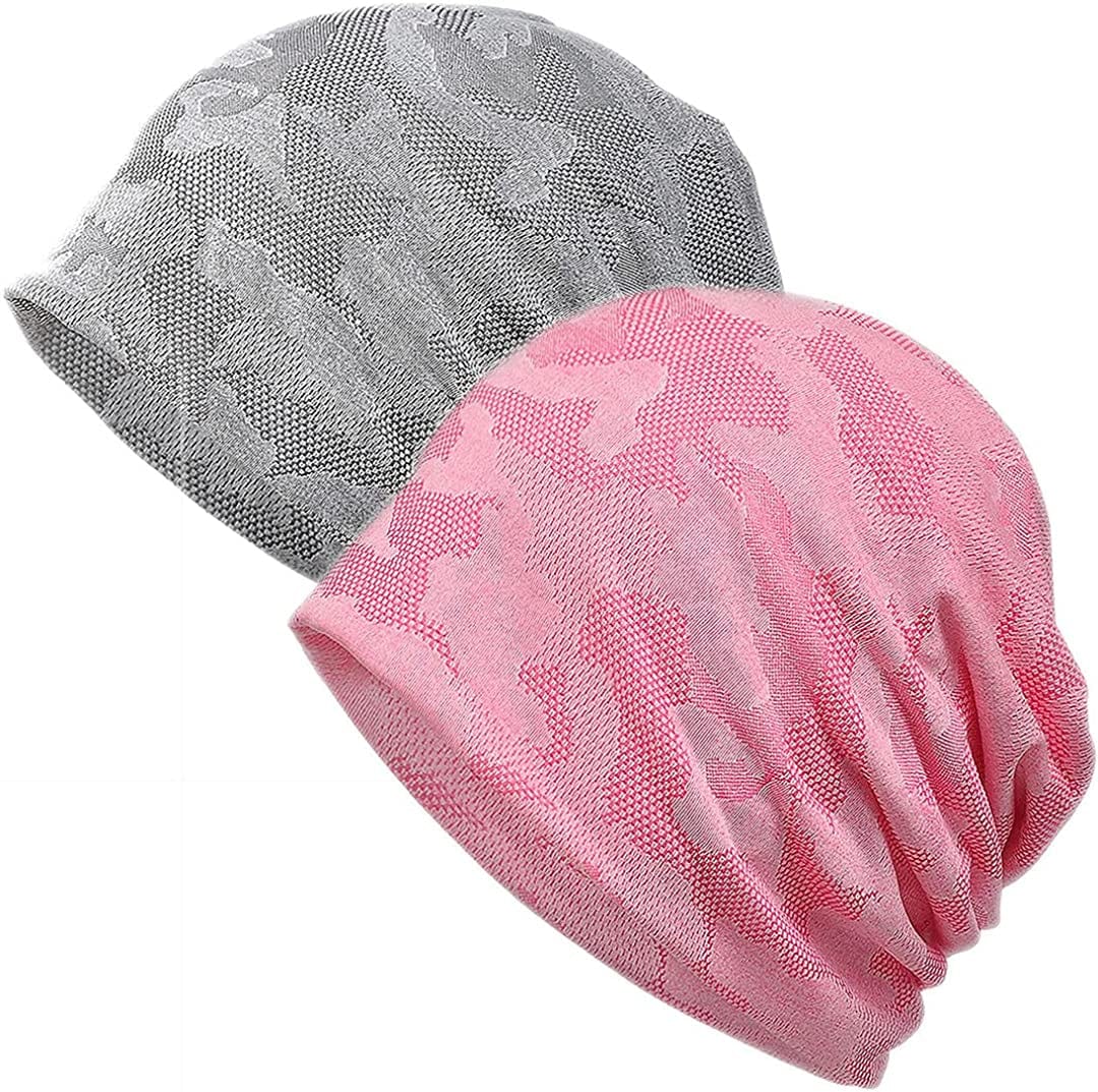 Womens Cotton Beanie Lace Turban Soft Sleep Cap Chemo Hats Fashion Slouchy Hat Apparel & Accessories > Clothing Accessories > Headwear MaxNova 2pack Grey/Pink New  