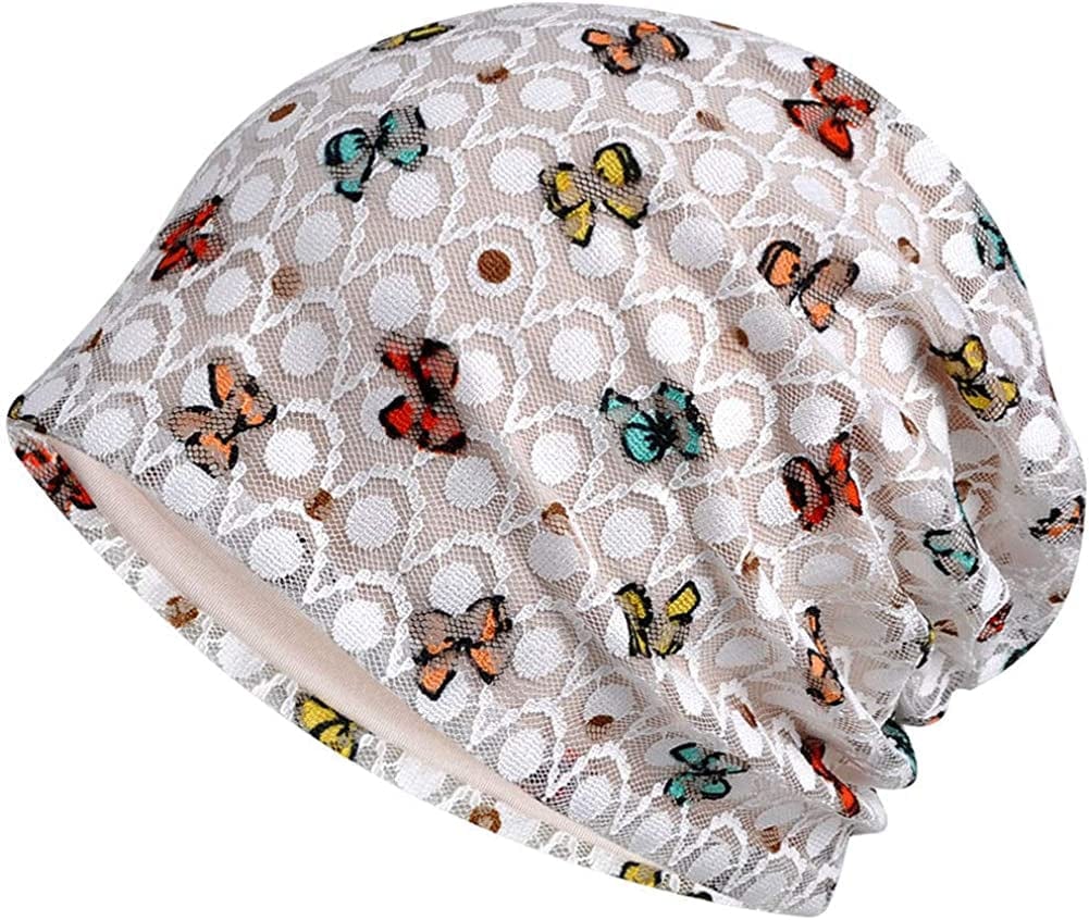 Womens Cotton Beanie Lace Turban Soft Sleep Cap Chemo Hats Fashion Slouchy Hat Apparel & Accessories > Clothing Accessories > Headwear MaxNova White Butterfly  