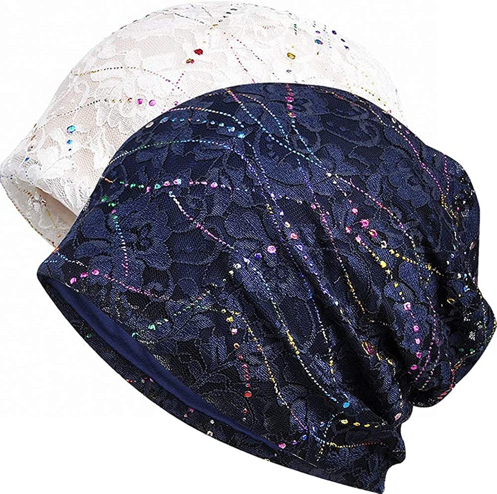 Womens Cotton Beanie Lace Turban Soft Sleep Cap Chemo Hats Fashion Slouchy Hat Apparel & Accessories > Clothing Accessories > Headwear MaxNova 2 Pack Navy+white  