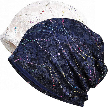 Womens Cotton Beanie Lace Turban Soft Sleep Cap Chemo Hats Fashion Slouchy Hat Apparel & Accessories > Clothing Accessories > Headwear MaxNova 2 Pack Navy+white  