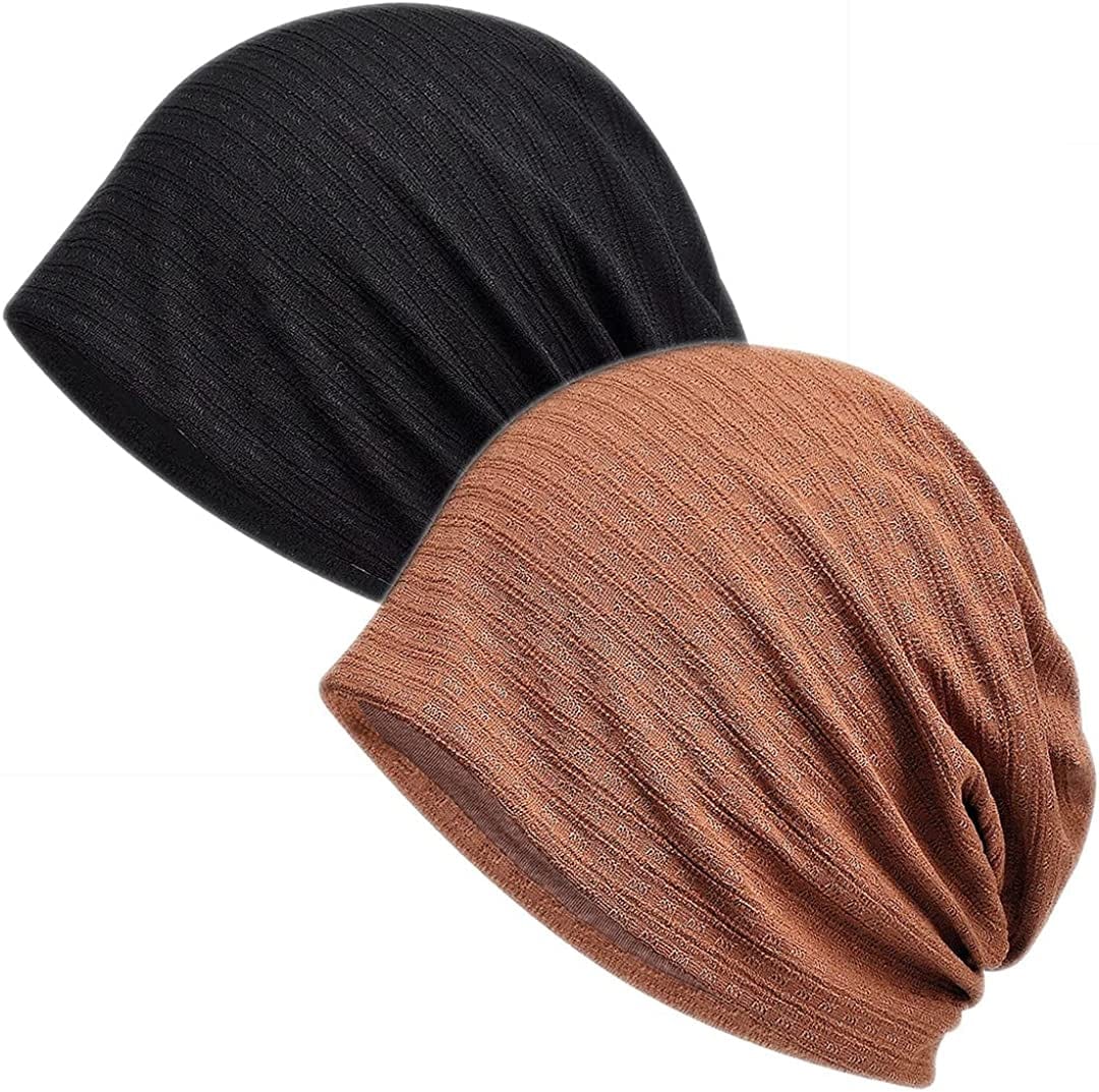 Womens Cotton Beanie Lace Turban Soft Sleep Cap Chemo Hats Fashion Slouchy Hat Apparel & Accessories > Clothing Accessories > Headwear MaxNova 2pack Black+coffee New  