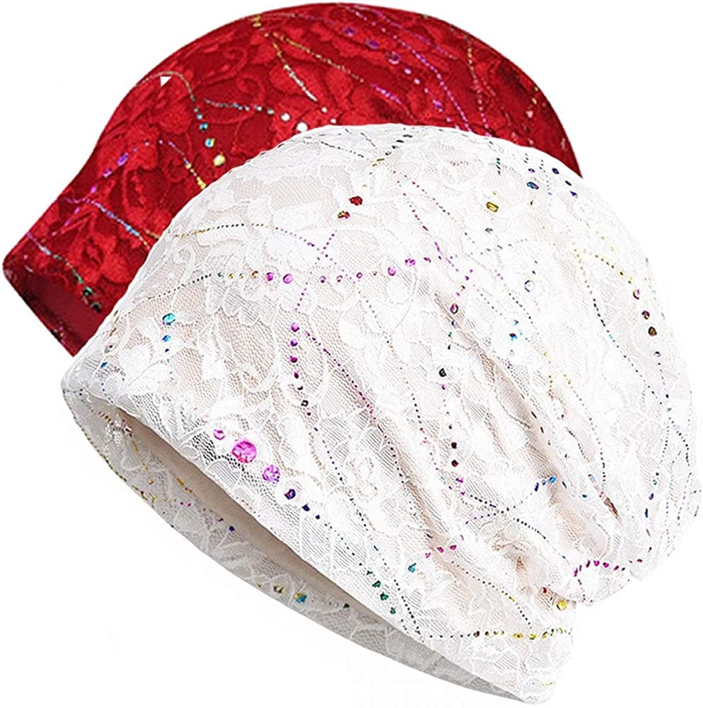 Womens Cotton Beanie Lace Turban Soft Sleep Cap Chemo Hats Fashion Slouchy Hat Apparel & Accessories > Clothing Accessories > Headwear MaxNova 2pack White+burgundy  