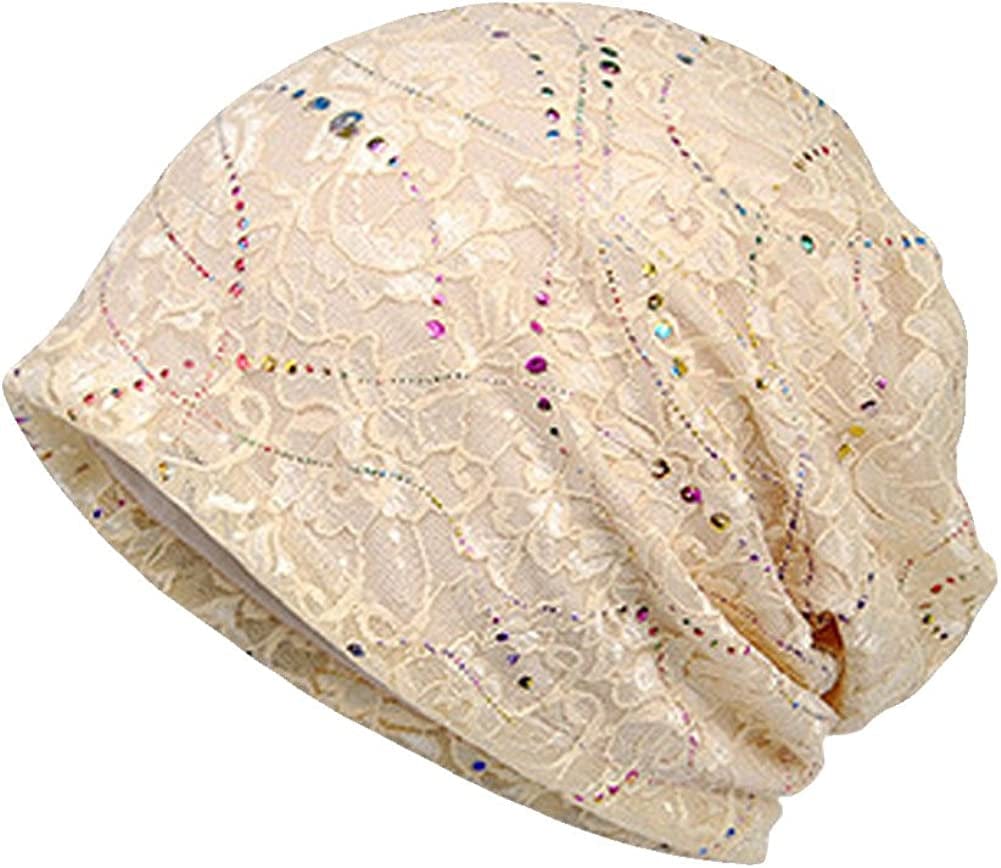 Womens Cotton Beanie Lace Turban Soft Sleep Cap Chemo Hats Fashion Slouchy Hat Apparel & Accessories > Clothing Accessories > Headwear MaxNova Beige  