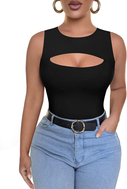 Womens Cutout Front Tops Long Sleeve Short Sleeve Bodycon T-Shirts A Sleeveless Black / Small