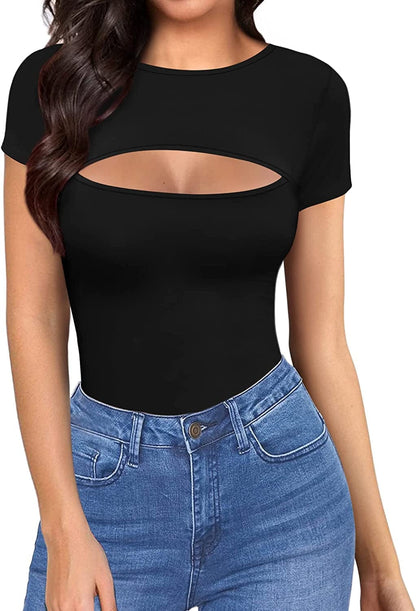 Womens Cutout Front Tops Long Sleeve Short Sleeve Bodycon T-Shirts A Short Sleeve Black / X-Small