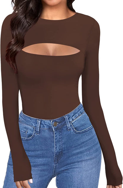 Womens Cutout Front Tops Long Sleeve Short Sleeve Bodycon T-Shirts Long Sleeve Coffee / Small