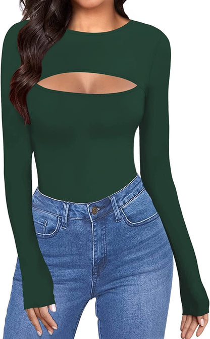Womens Cutout Front Tops Long Sleeve Short Sleeve Bodycon T-Shirts Long Sleeve Deep Green / Small