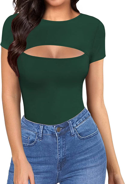 Womens Cutout Front Tops Long Sleeve Short Sleeve Bodycon T-Shirts Short Sleeve Deep Green / Small