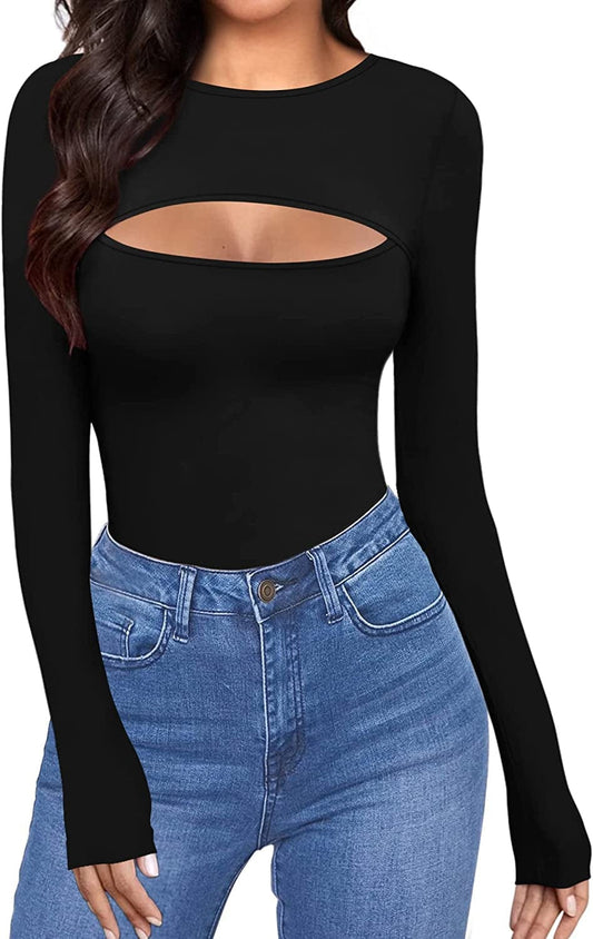 Womens Cutout Front Tops Long Sleeve Short Sleeve Bodycon T-Shirts A Long Sleeve Black / X-Small
