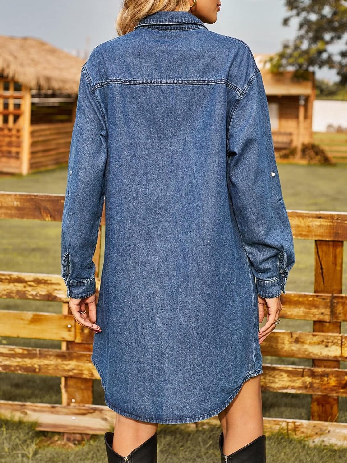 Womens Denim Shirt Dresses Long Sleeve Vintage Distressed Button down Casual Jean Dress with Pockets