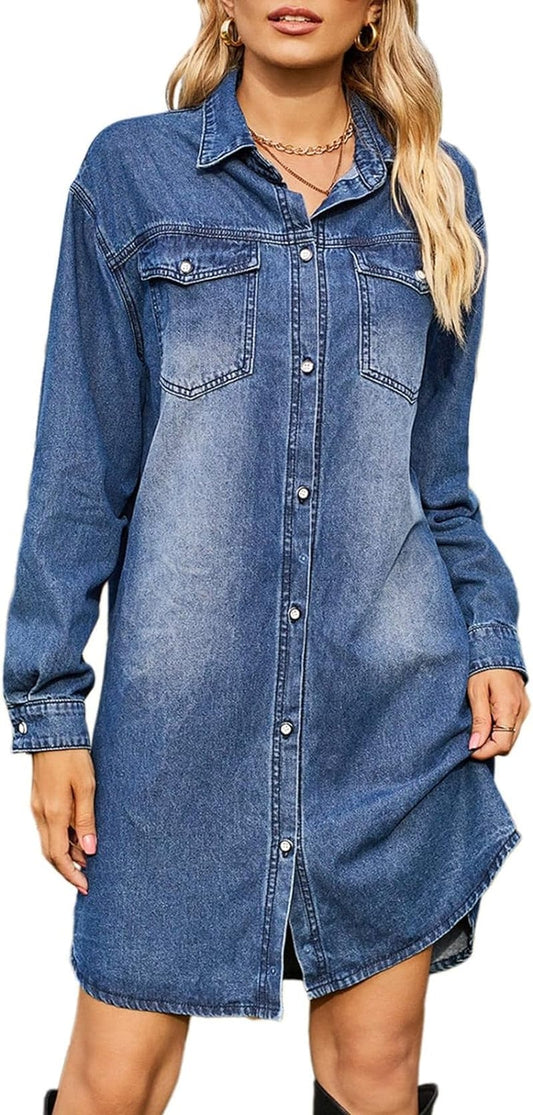 Womens Denim Shirt Dresses Long Sleeve Vintage Distressed Button down Casual Jean Dress with Pockets