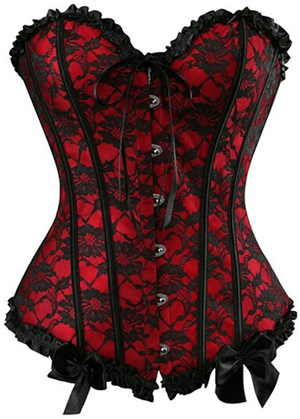 Womens Floral Black Lace Trim Corset Overbust Waist Cincher Bustier Top Apparel & Accessories > Clothing > Underwear & Socks > Lingerie Zhitunemi Red Large 