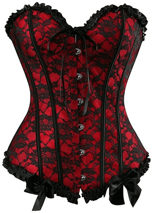 Womens Floral Black Lace Trim Corset Overbust Waist Cincher Bustier Top Apparel & Accessories > Clothing > Underwear & Socks > Lingerie Zhitunemi Red Large 