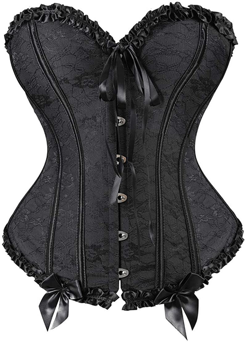Womens Floral Black Lace Trim Corset Overbust Waist Cincher Bustier Top Apparel & Accessories > Clothing > Underwear & Socks > Lingerie Zhitunemi Black Small 