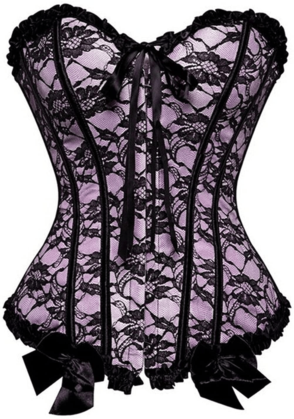 Womens Floral Black Lace Trim Corset Overbust Waist Cincher Bustier Top Apparel & Accessories > Clothing > Underwear & Socks > Lingerie Zhitunemi   