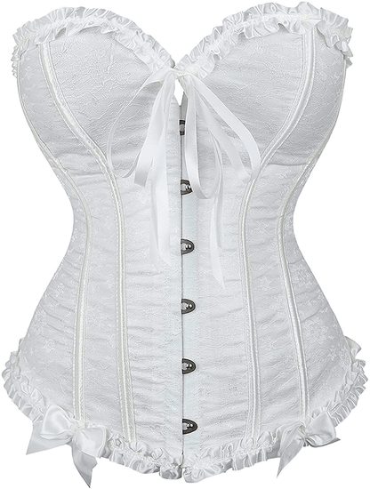 Womens Floral Black Lace Trim Corset Overbust Waist Cincher Bustier Top Apparel & Accessories > Clothing > Underwear & Socks > Lingerie Zhitunemi White Medium 