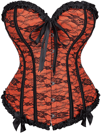 Womens Floral Black Lace Trim Corset Overbust Waist Cincher Bustier Top Apparel & Accessories > Clothing > Underwear & Socks > Lingerie Zhitunemi Orange XX-Large 