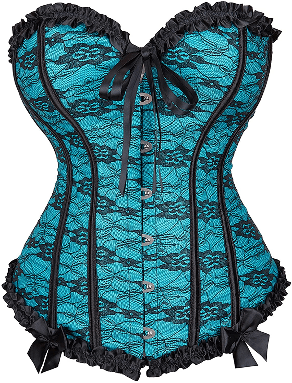 Womens Floral Black Lace Trim Corset Overbust Waist Cincher Bustier Top Apparel & Accessories > Clothing > Underwear & Socks > Lingerie Zhitunemi Light Blue XX-Large 
