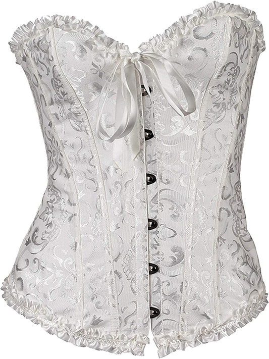 Womens Floral Lace up Satin Corset Vintage Boned Bustier Sexy Waist Cincher Overbust Shapewear plus Size White / 6X-Large