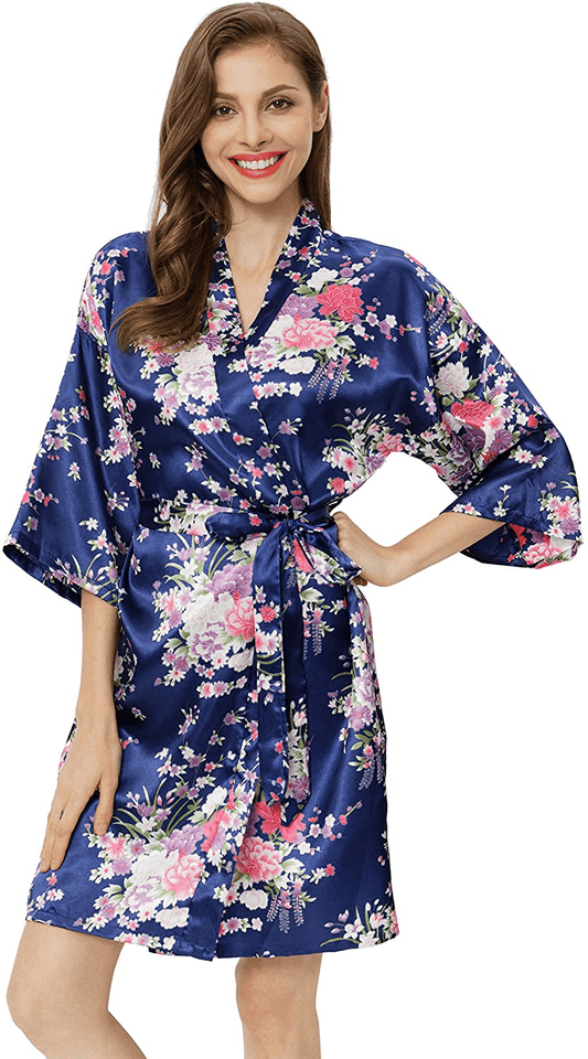 Womens Floral Robes Silk Satin Bathrobes Bridesmaid Bridal Wedding Party Lightweight Kimono Nightgown Apparel & Accessories > Clothing > Sleepwear & Loungewear > Robes DITSONEO   